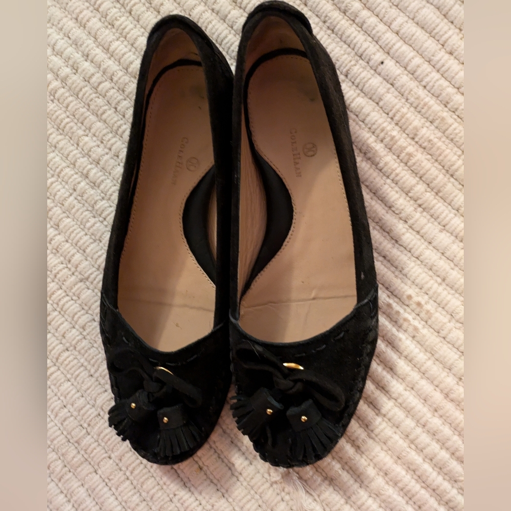 Cole Haan Black Suede Flats with Bow Tassel
